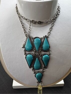 Turquoise Teardrop Statement Necklace - Silver Tone